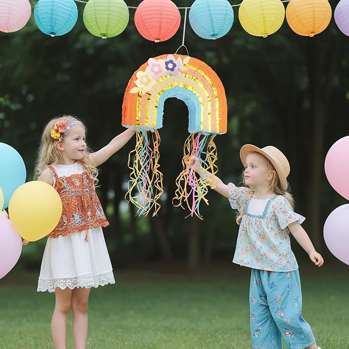 WERNNSAI Rainbow Pinata - Rainbow Pull String Pinata with Bundle with Blindfold and Bat for Girls Kids Piñata Boho Theme Birthday Party Decoration Game for Baby Shower Carnival Summer Party Supplies