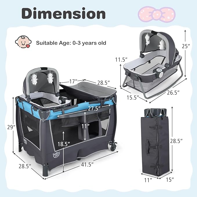 BABY JOY 5 in 1 Pack and Play, Portable Nursery Center Baby Playard w/Bassinet & Diaper Changing Table, Infant Bassinet Activity Center with Toys, Music, Oxford Bag for Toddlers (Royal Blue, Classic)