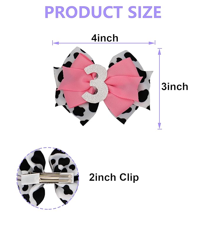 Birthday Hair Bow for Baby Girls 1 2 3 4 5 6 Years Sprinkle Decorations Party Pink Hair Accessories for Three 3rd Birthday Cow Print Cowgirl