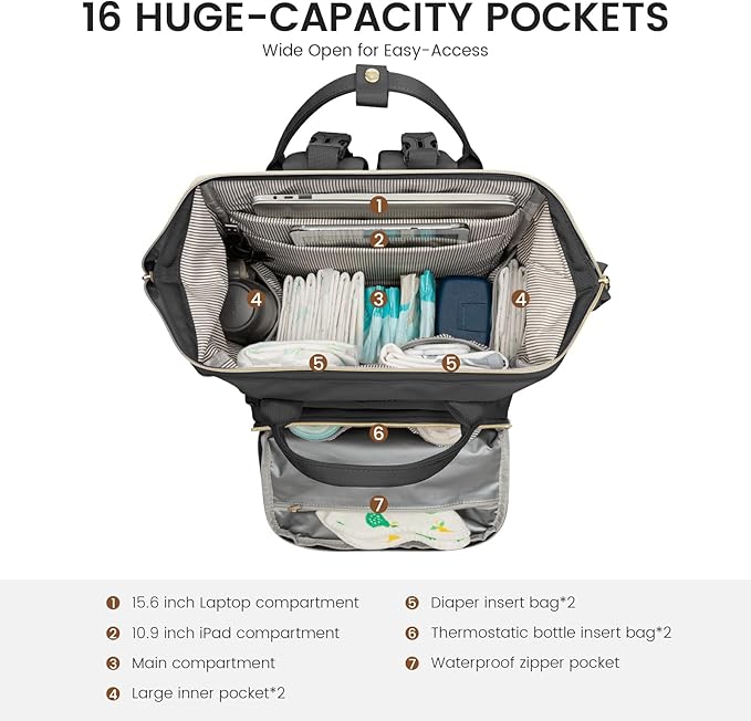 LOVEVOOK Diaper Bag Backpack, Baby Bag with Changing Station, Large Diaper Backpack for Moms Dads, Waterproof Leather Accents Baby Boy and Girl Bag for Travel Baby Essentials, Black