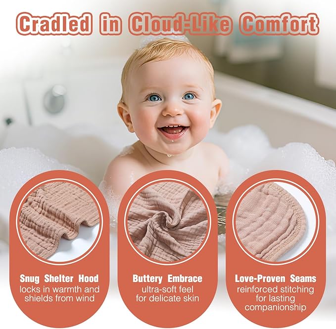 Muslin Hooded Baby Towels, 2 Pack 100% Cotton 32x32Inch Baby Bath Towel with Hood for Babies, Infant, Toddler, Soft and Absorbent Newborn Essential. (Light Bean Paste)