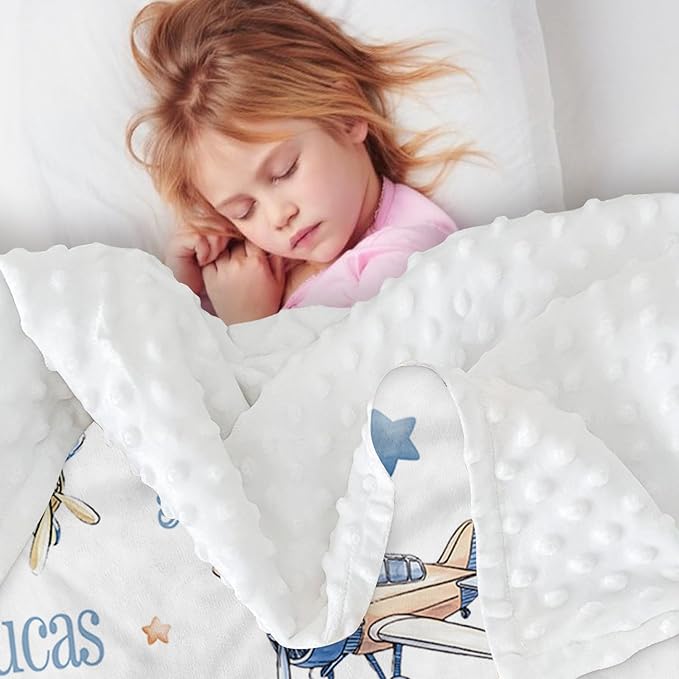 Personalized Infant Swaddle Blanket – Soft Flannel with Double-Layer Dotted Backing – Aircraft and Hot Balloon Design