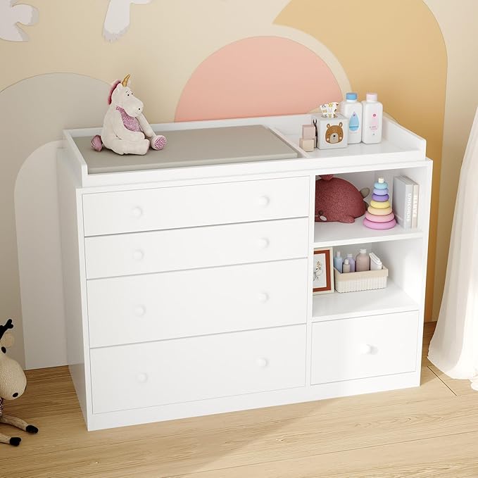 Lovinouse 47" Baby Nursery Dreser Diaper Changing Table Furniture with 5 Drawers and 2 Shelves, Dresser for Baby Nursery with Storage & Removable Changing Top Station,Bedroom,Children's Room, White