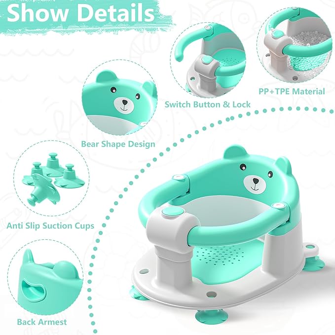 Baby Bath Seats for Babies 6 Months & Up, Infant Bath Chair for Newborn Sitting Up, Non-Slip Toddler Bath Tub Seat with Suction Cups & Soft Cushion for Shower, Compact Toddler Bathtub Seat, Aqua