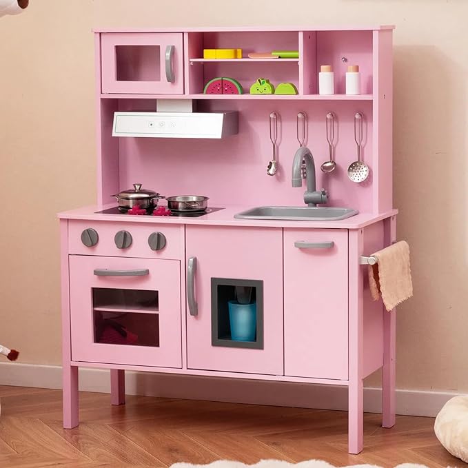 HONEY JOY Kids Kitchen Playset, Wooden Play Kitchen for Toddlers, Microwave, Range Hood, Ice Maker, 18 Cooking Accessories, Little Chef Pretend Play Toy Kitchen Set, Gift for Boys Girls, Dark Pink