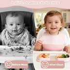 Traval Silicone Foldable Feeding Set, On-the-Go Baby Feeding Supplies Including Toddler Plates, Silicone Baby Spoon&Fork, Adjustable Foldable Bib, Portable Infant Toddler Utensils, Pink