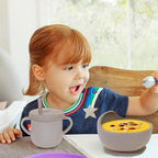 100% Silicone baby feeding set,BPA free Baby dishes set with Suction Bowl Divided Plate,Toddler Self Feeding Dish Set with Spoons Forks Sippy Cup And Bib, Baby Eating Utensils (Beige)