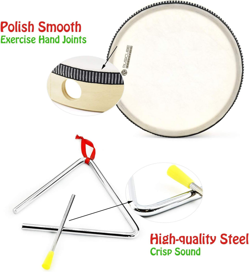 MUSICUBE 7 Pcs Musical Instrument Toys Set for Kids Wooden Percussion Instrument with Hand Drum, Maracas, Triangles, Hand Bell Educational Instrument for Toddler Birthday Gift for Boys Girls Aged 3+