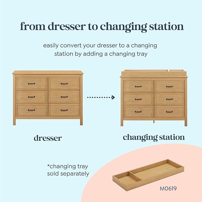 DaVinci Charlie 6-Drawer Baby Dresser - Wooden Double Chest of Drawers for Kids, Boys and Girls - Multi-Purpose Storage Dresser for Bedroom, Nursery, Living Room & Hallway, Easy to Assemble - Honey