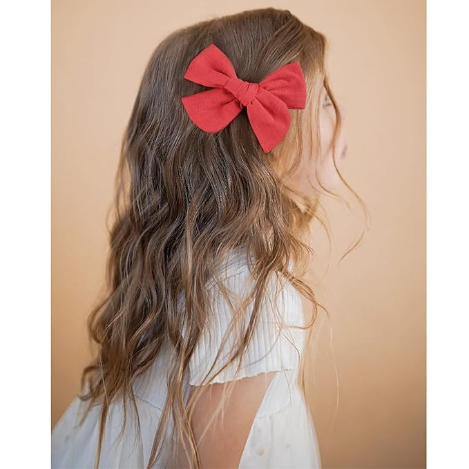 DEEKA 4 PCS Red Cotton Linen Hair Bows 3 Styles 5" & 4" Handmade Hair Bow set for Toddler Girls Alligator Hair Clips Knot Bows Hair Accessories for Little School Girls (Red)