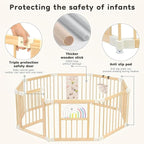 Foldable Wooden Baby Playpen Activity Center,Adjustable Size & Shape Portable Play Yard, Baby Fence Play Area with Gate for Indoor Use for Babies and Toddlers(56x56x24inches)