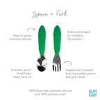 Bumkins Toddler Utensils, Kids Size Fork and Spoon Set, Silicone and Stainless-Steel Training Silverware, Fork / Spork for Self-Feeding, Children Hold Learning to Eat, 18 Months Up, Jade Green