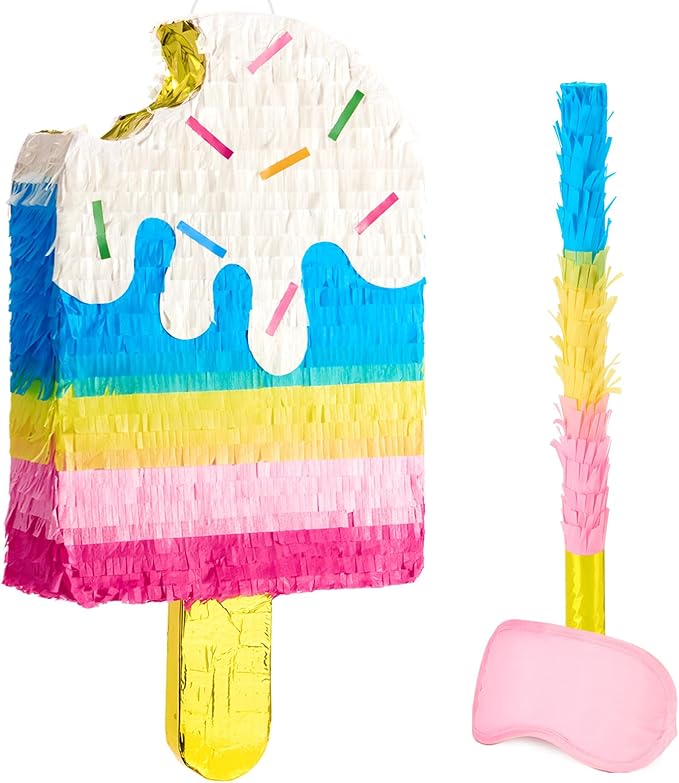 WERNNSAI Ice Cream Piñata - Sweet Summer Birthday Party Decorations Kids Colorful Popsicle Pinata with Blindfold and Bat for Summer Ice Cream Party Supplies Baby Shower Carnival Game