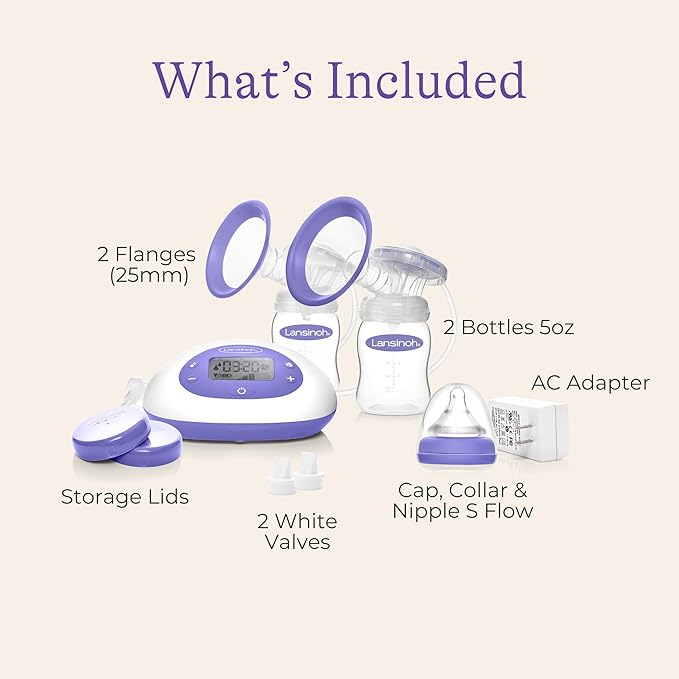 Lansinoh Signature Pro Double Electric Breast Pump, Portable with LCD Display, 3 Power Options, Includes 25mm Flanges, 2 Baby Bottles with 1 Slow Flow Bottle Nipple, and Carry Bag