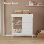 Changing Table Dresser, Baby Dresser with 3 Fabric Drawers and 2 Shelves, Multi-Functional Baby Changing Table with Pad, Classic Nursery Dresser, Diaper Changing Station for Nursery, White
