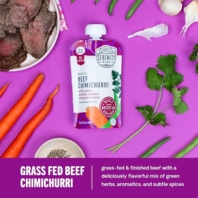 Serenity Kids 7+ Months World Explorers Stage 2 Baby Food Pouches - BPA-Free Pouches - Organic Meat & Veggie Puree with Ethically Sourced Beef - 3.5 Oz, 6 Pack