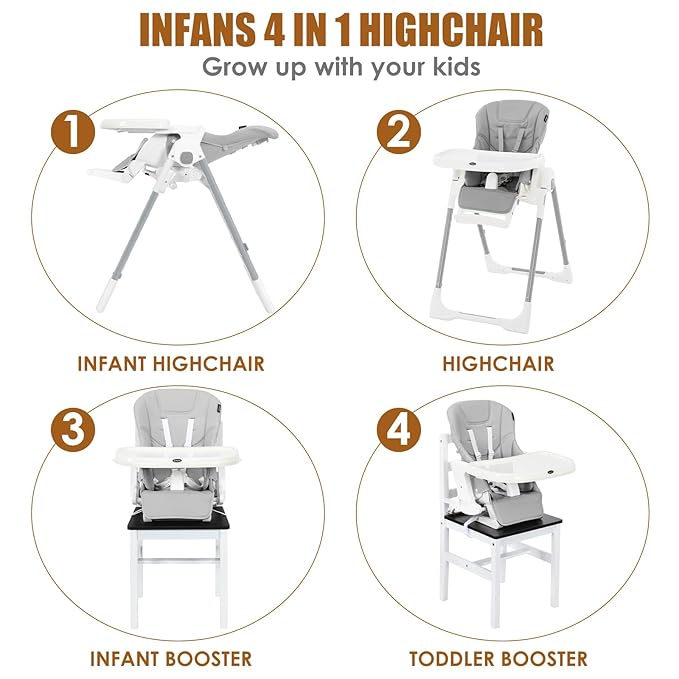 INFANS High Chair for Babies & Toddlers, Foldable Highchair with Multiple Adjustable Backrest Footrest Seat Height, Removable Tray, Detachable PU Leather Cushion Wheels (with Booster, Light Grey)