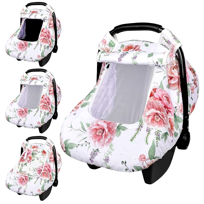 Baby Carseat Cover Girls, Pea Pod Floral Infant Car Seat Covers Canopy for Newborn with 2 Layers Windows of Breathable Mesh/Fabric, Lightweight Polyester/Minky Dot Backing, Snug Fit Most Baby Car Seat