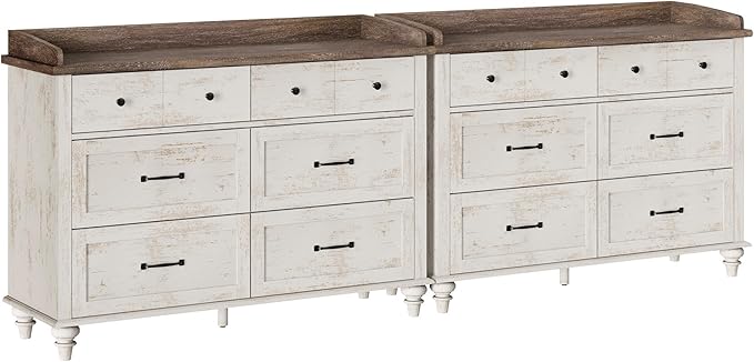WAMPAT 2 Pack Kids Dresser with 12 Drawers, 2-in-1 Baby Dresser for Bedroom & Kids Room, Rustic Chests & Dressers Wooden Closet Organizer for Children’s Bedroom, Antique White