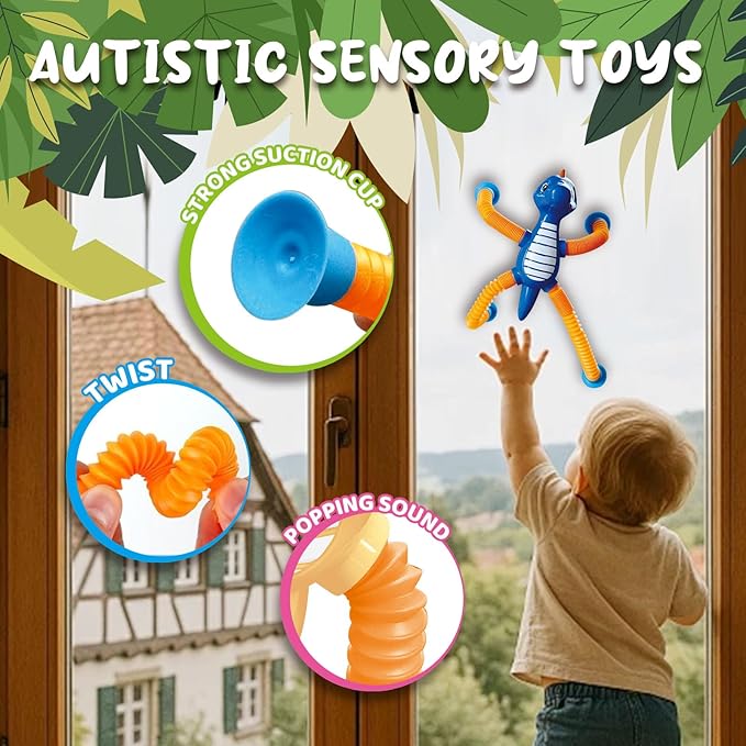 Dinosaur Pop Tubes Toys LED Light Up Mini Figures Fidget Sensory Toys Dino Telescopic Suction Cup Gift Sets, Toddler Autism Stress Relief Party Favors Prizes Stocking Stuffers for Kids 3+