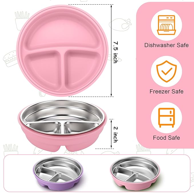 Nuogo 2 Pcs Stainless Steel Baby Suction Plates with Removable Silicone Shell 2-in-1 Metal Toddler Bowl Divided for Picky Eaters Kids Feeding Led Weaning Supplies, Dishwasher Safe (Purple,Pink)