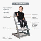 FORNEL Grey Wooden High Chair for Toddlers | The Grow-with-Me Adjustable Chair for Modern Farmhouse & Scandinavian Kitchens | A Smart Stokke Alternative