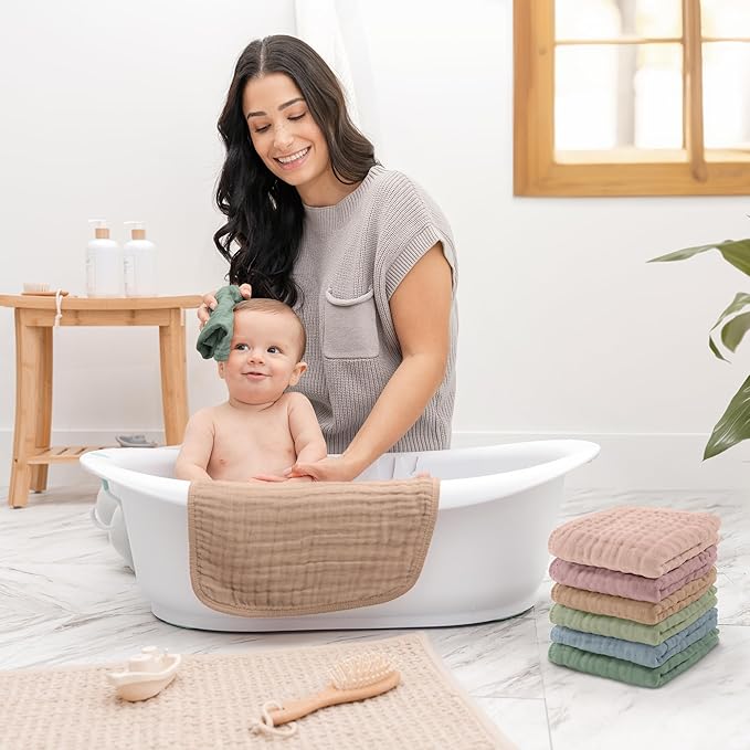 Comfy Cubs Muslin Baby Washcloths 6 Pack - Soft 6-Layer Cotton Wash Cloths for Sensitive Skin - 10"x10" Large, Gentle, Absorbent Infant Essentials for Newborn and Toddlers - Multicolor