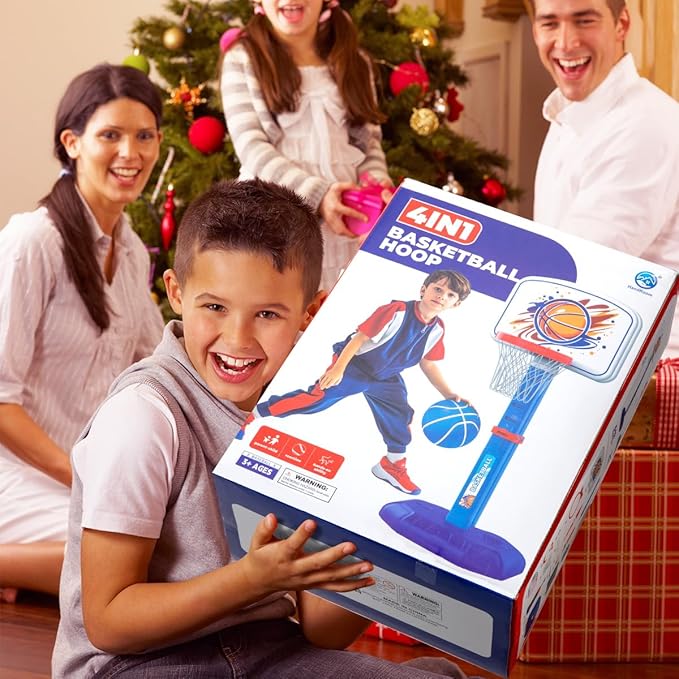 Meland Toddler Basketball Hoop, 4-in-1 Kids Basketball Hoop with Tball Set for Toddler & Baseball Pop Up Machine, Basketball Goal for Kid Sport Toys Indoor Outdoor Play Birthday Gift for Kids Toddlers