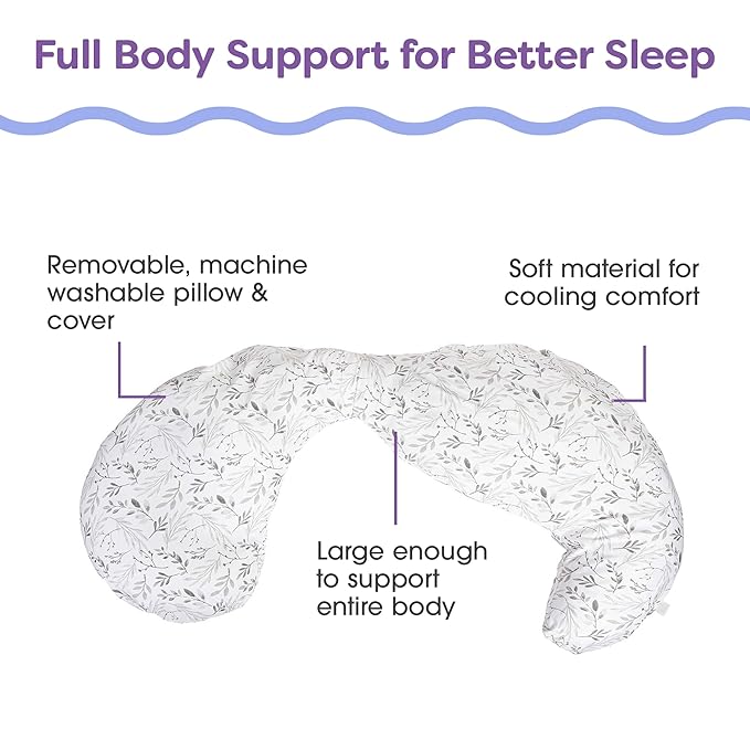 Boppy Total Body Pregnancy Pillow, Gray Scattered Leaves, Supportive Pregnancy Body Pillow for Versatile Full Body Use, Contoured Shape at All Stages