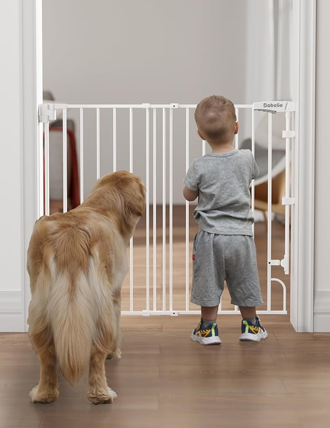 Babelio Easy to Remove & No Bottom Bar Baby Gate, 29-43", 36" H Extra Tall Hardware Mounted (Drill Needed)| Wide Walk-Thru| Auto-Close Safety Dog/Pet Gate for Stairs & Doorways (White)