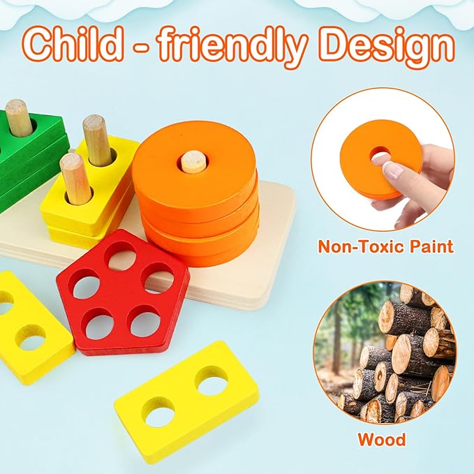 PEBIRA Montessori Toys for 1 to 3-Year-Old Boys Girls Toddlers, Wooden Sorting & Stacking Toys for Toddlers and Kids Preschool, Educational Color Recognition Shape Sorter, Learning Puzzles Gift