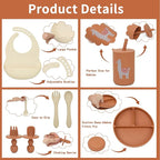 Silicone Baby Feeding Set, Baby Led Weaning Supplies, Baby Spoons Suction Divided Plate Bib Cup, First Stage Solid Food Eating Utensils - 6+ Months(Orange-Beige)