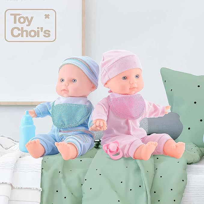 Toy Choi's Baby Doll Twin Baby Dolls 12 inch Soft Body 2 Dolls Playset with Rompers, Hat, Pacifier and Doll Bibs, Gifts for 1 2 3 4 5 Year Old Boys Girls, Toddlers and Kids