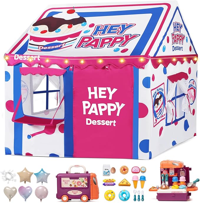 Kids Play Tent, Toddler Tent for Kid Indoor & Outdoor, 48.5"x39.4"x48.5" Playhouse Tent Dessert Theme with Complete Toys Set, 3 Window, Lights and 5 Balloons