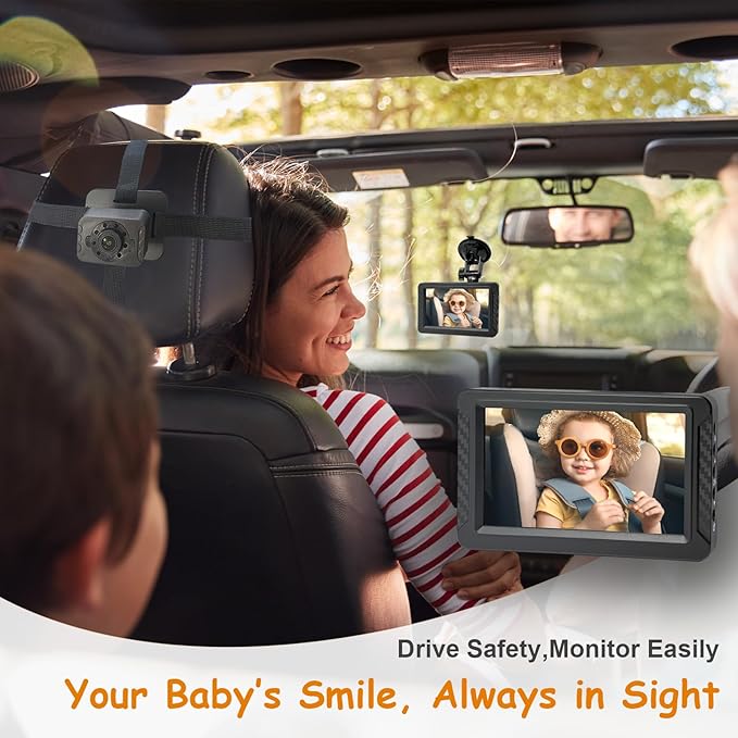 Night Vision Baby Car Camera, 5" HD 1080P IPS Display with 3X Zoom & 360° Adjustment - USB/Cigarette Lighter Powered, HD Backseat Baby Monitor for Rear Facing Infant Safety in Cars/Trucks/SUVs