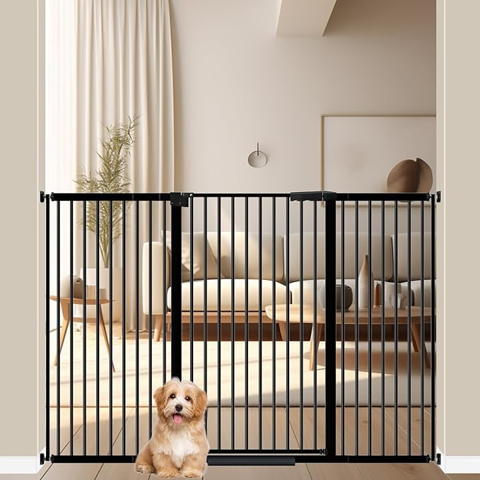 WAOWAO 40.55" Extra Tall 1.37" Ultra Narrow Spacing 53.74-61.61" Extra Wide Dogs Pets Baby Gate Safety Indoor Puppy Pressure Mounted Gate No Drill Black Metal for Stairs,Doorways,Kitchen,Hallway