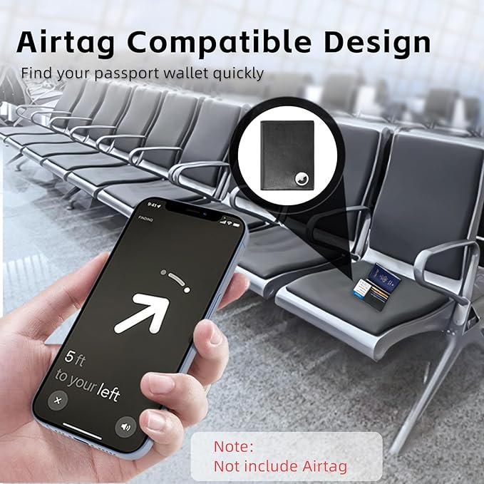 Passport Wallet With Airtag for Travel, Leather Passport Holder for Men and Women, RFID Blocking Bifold Passport Cover With Credit Card Holder (Black)