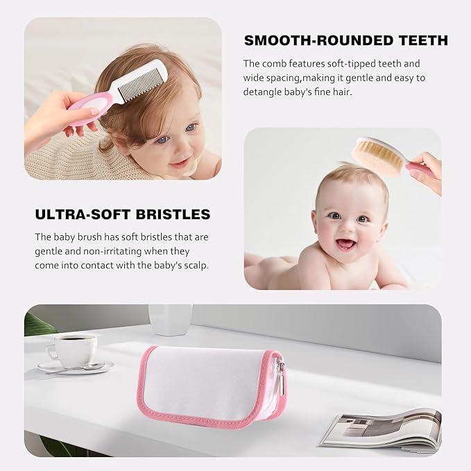 Baby Grooming Kit with Storage Pouch Baby Brush Soft Bristles 5 pcs-Infant Brush, Rounded Comb, Safety Scissors, Nail Clippers & Emery Board -Health Care Kit for Newborns & Toddlers Pink