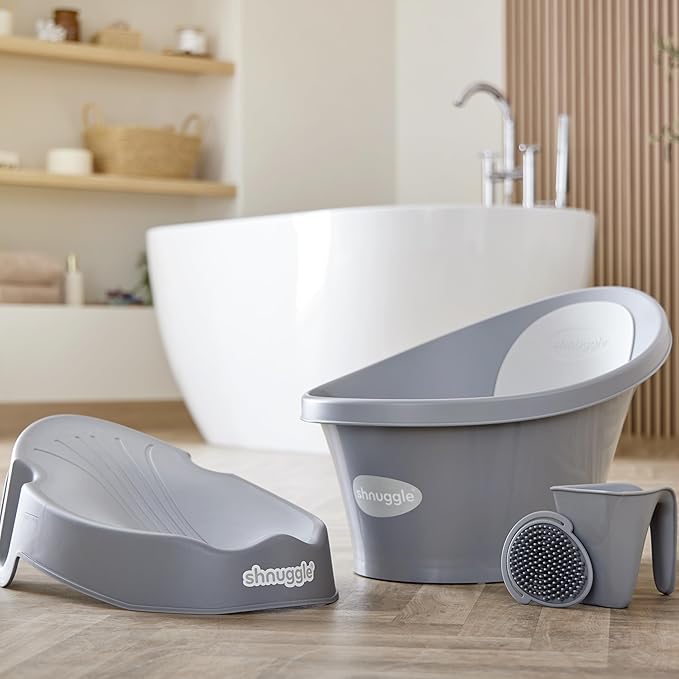Shnuggle Newborn Baby Bath | Built in Support Bump and Soft Backrest | Suitable from Newborn | Bath Seat Support Includes Plug | Pebble Grey