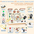 Joyreal Montessori Toddler Busy Board - Montessori Toys for 1 2 3 Years Old, Wooden Sensory Board with LED Lights, Steering Wheel, Music Player, Travel Toys for 1+ Year Old Boy & Girl Birthday Gift