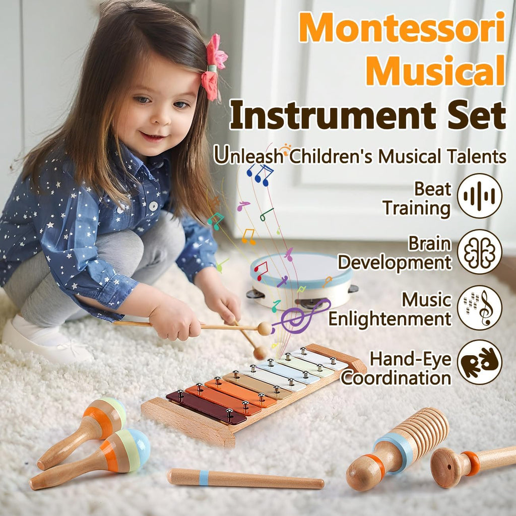 Baby Musical Instruments - Montessori Musical Toys for Toddlers 1-3, Wooden Percussion Instruments Set, Neutral Colors Modern Boho Music Toys for 1 Year Old, Kids Preschool Educational Birthday Gifts