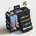 6 Drawer Dresser for Bedroom with Clothes Rack, Clothes Dresser with Side Pockets and Hooks, Charging Station & LED Lights, Wooden Top, Fabric Storage (Black)