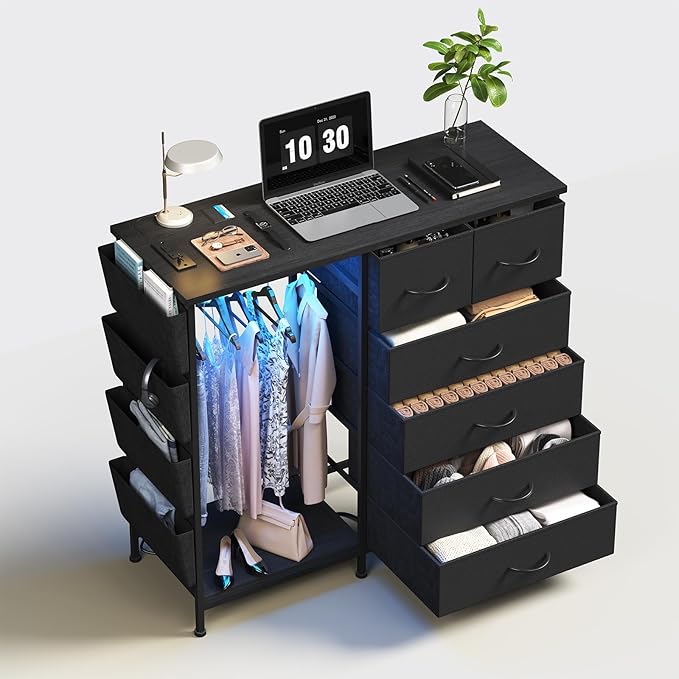 6 Drawer Dresser for Bedroom with Clothes Rack, Clothes Dresser with Side Pockets and Hooks, Charging Station & LED Lights, Wooden Top, Fabric Storage (Black)