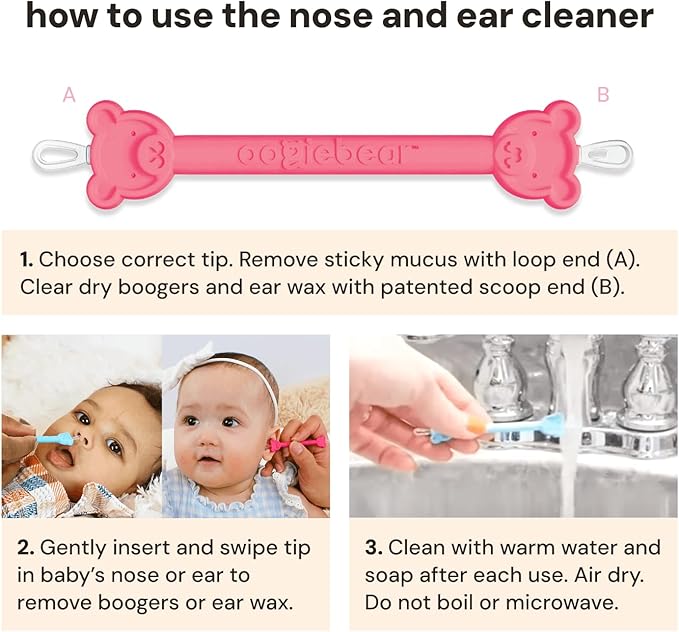 oogiebear: BearPair Baby Nose Cleaner & Ear Wax Removal Tool with Nasal Aspirator - Safe Booger & Earwax Removal for Newborns, Infants, Toddlers - Essential Baby Stuff, Diaper Bag Must-Have - Pink