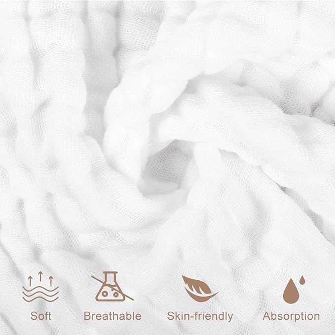 Yoofoss Muslin Baby Washcloths 100% Cotton Face Towels 6 Pack Wash Cloths for Baby 12x12in Soft and Absorbent Baby Wipes (White)