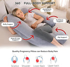 U-Shaped Pregnancy Pillow for Sleeping, Full Body Support for Back, HIPS & Belly -65 Inch Maternity Pillow with Machine Washable Cover | Maternity Essential (Velvet Grey-65inch)