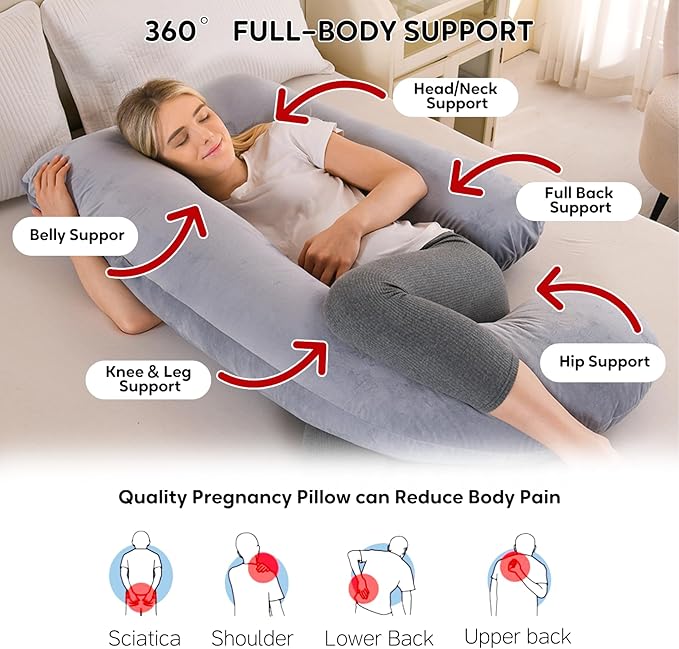 U-Shaped Pregnancy Pillow for Sleeping, Full Body Support for Back, HIPS & Belly -65 Inch Maternity Pillow with Machine Washable Cover | Maternity Essential (Velvet Grey-65inch)