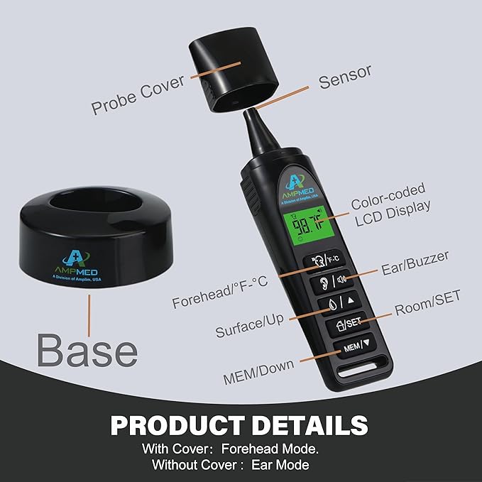 Amplim Baby Thermometer | 3-in-1 Infrared Thermometer for Ear, Forehead & Touchless, Accurate Fever Thermometer for Baby, Infants, Toddlers, Kids & Adults | Black Base Stand & Clock