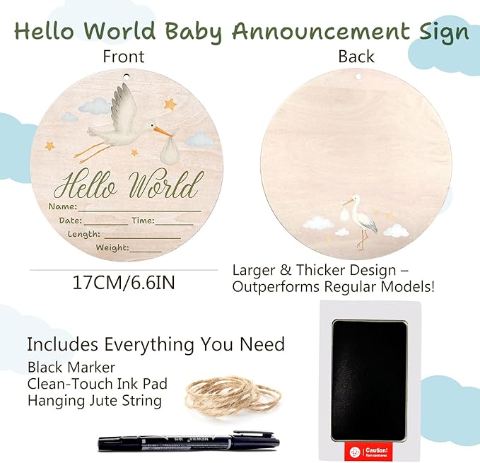 Hello World Baby Announcement Sign, Stork Newborn Sign, 6.7 Inch Round Wooden Name Sign for hospital, With Ink Pad for Hand and Footprints, Marker Pen, Baby Photo Prop & Keepsake