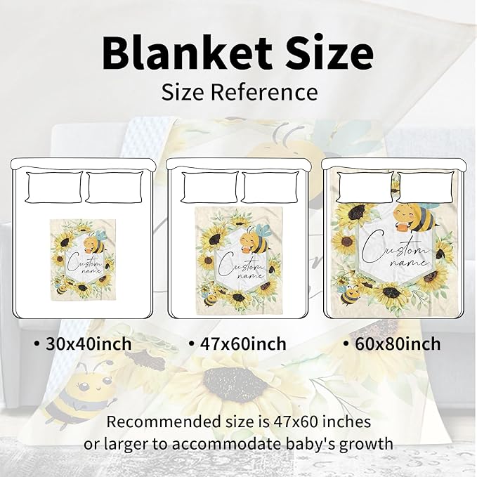 Personalized Newborn Blanket – Soft Flannel Receiving Swaddle with Double-Layer Dotted Backing – Bee and Yellow Flower Design